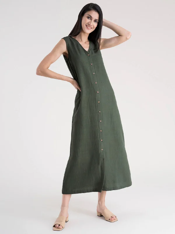 Overstock Sale Cotton Button Down A-Line Dress - Olive