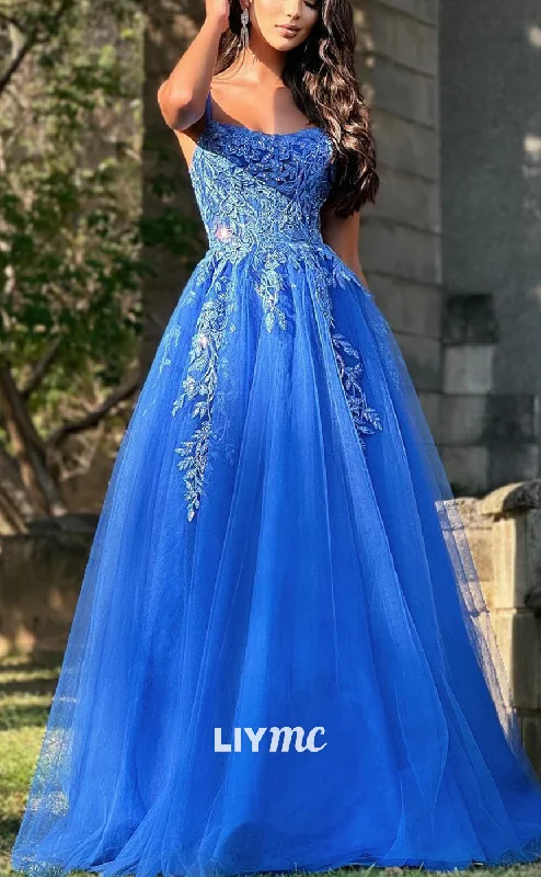 Best Deals LP2093 - Scoop Spaghetti Straps Appliques Tulle A-Line Ball Gown Prom Dress