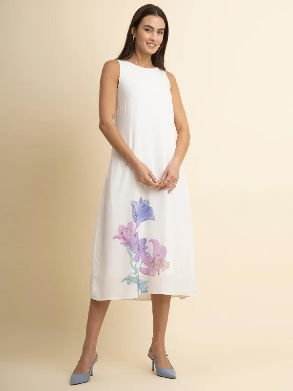 Deep Discounts Floral Print A-Line Dress - White