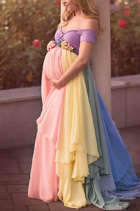 Hot Deal Custom Rainbow Ruffled Maternity Photoshoot Dress