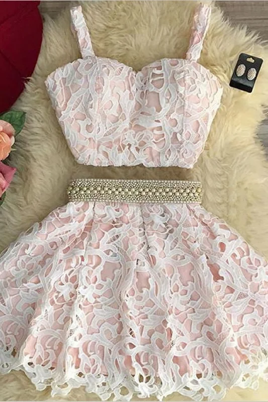 Closeout Sale 2024 Two Piece A Line Lace Homecoming Dresses, Spaghetti Straps Beaded Waistline Closeout Sale 2024 Two Piece A Line Lace Homecoming Dresses, Spaghetti Straps Beaded Waistline