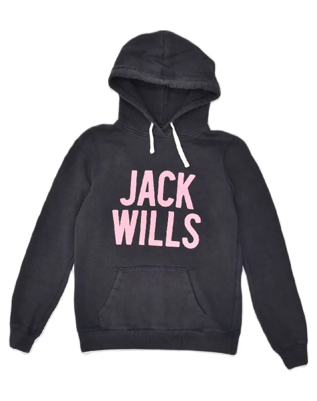 JACK WILLS Womens Graphic Hoodie Jumper UK 10 Small  Navy Blue Cotton