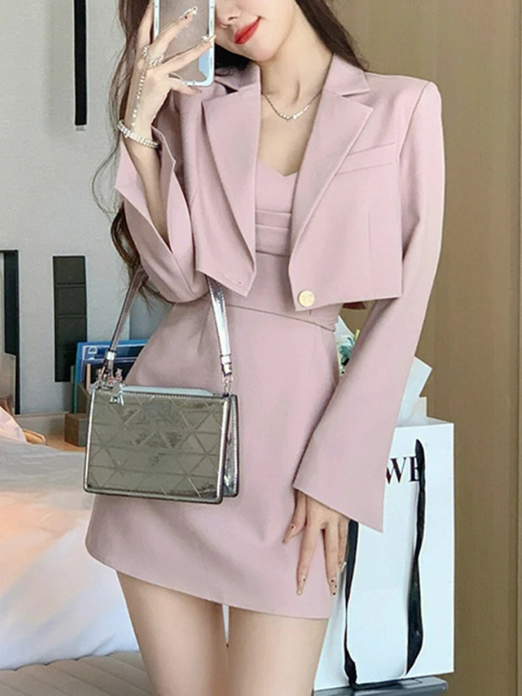 Znbbw Style Two Piece Dress Set Women Elegant Blazer Coat + Strap Dress Set Female Casual France Vintage Dress Suit 2024 New