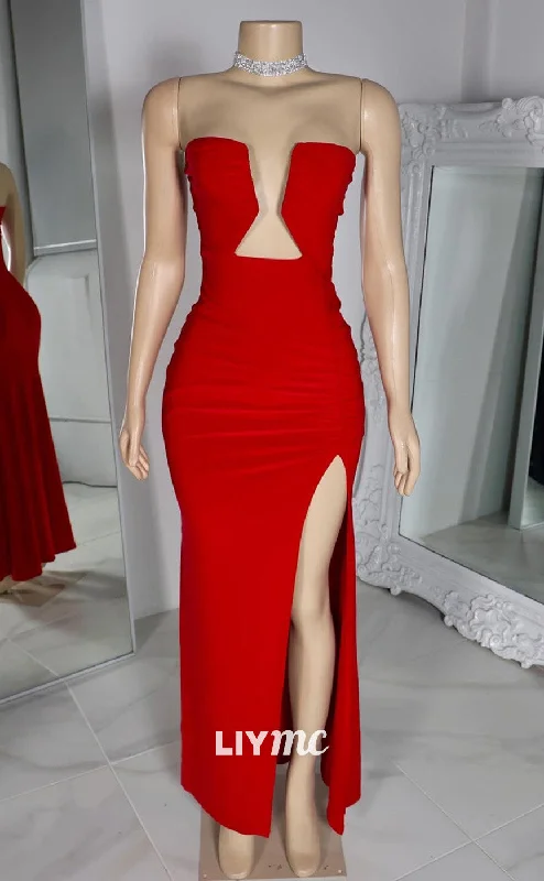 Bargain Bin LP2222 - V-Neck Cut Outs Sleeveless High Slit Sleek Prom Dress