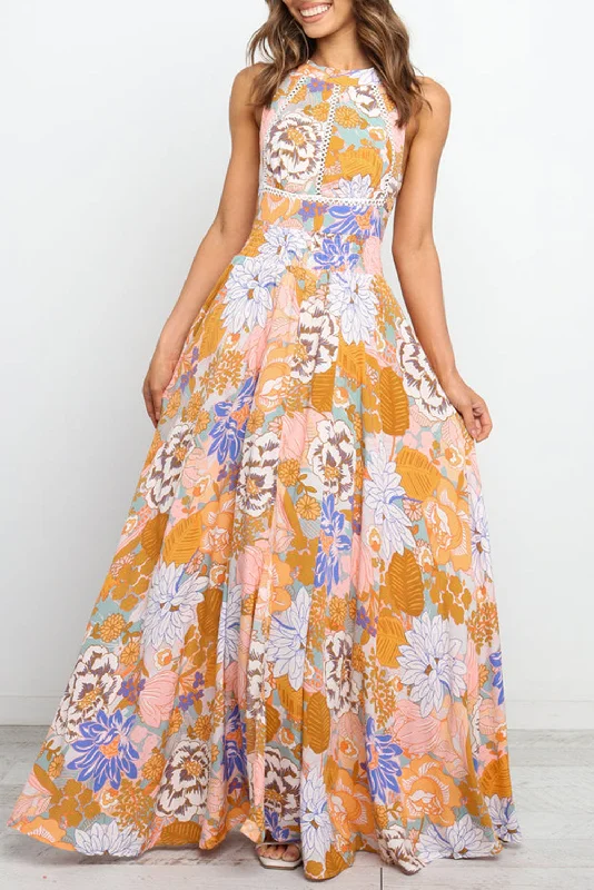 Incredible Offers Orange Boho Floral Backless Lace up Sleeveless Maxi Dress