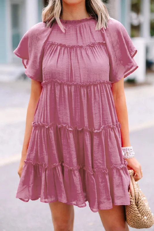 Inventory Reduction Rose Red Short Sleeve Tiered Frilly Mini Dress