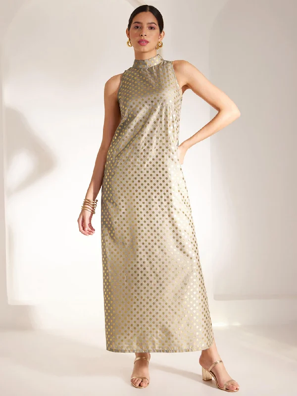 Today’s Special Foil Print High Neck Dress - Beige And Gold