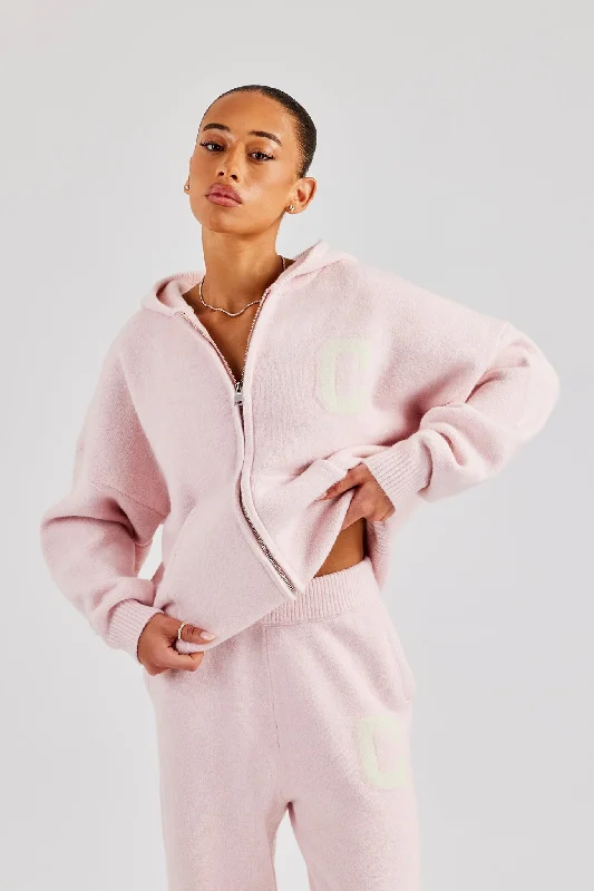 Year-End Clearance Hooded Zip Through Knitted Jumper - Baby Pink
