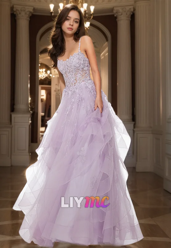 Hurry In Scoop Spaghetti Straps Appliques Tulle Tiered A-Line Prom Dress