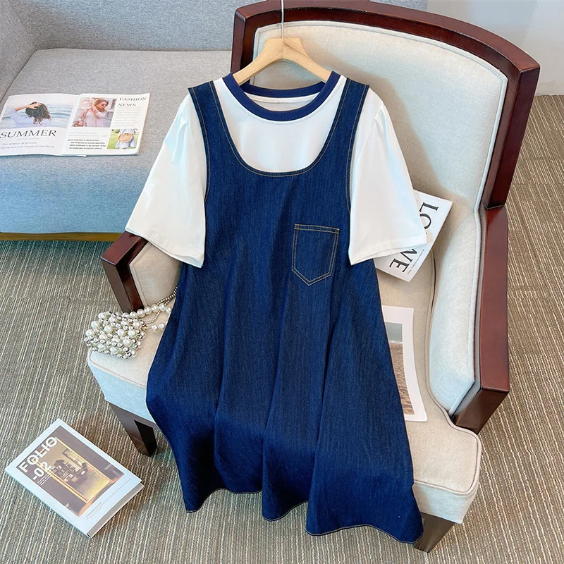 Stock Up and Save Plus Size Pinafore Denim Dress And White T Shirt Top Set (EXTRA BIG SIZE)