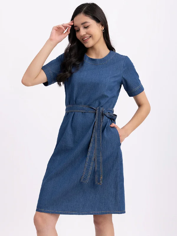 Buy More, Save More Denim Round Neck Dress - Navy Blue