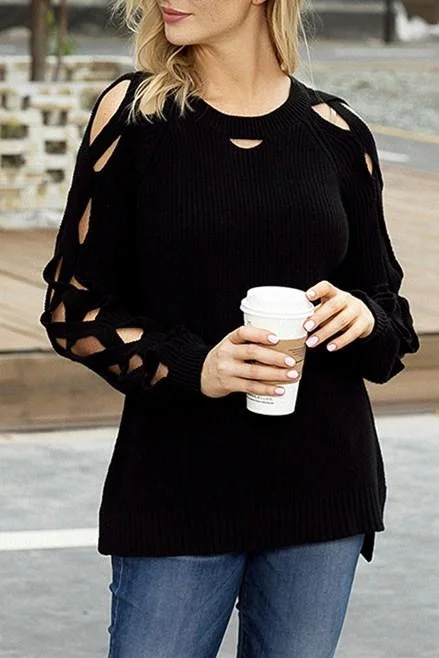Price Reduction Black Cutout Detail Ribbed Knit Sweater