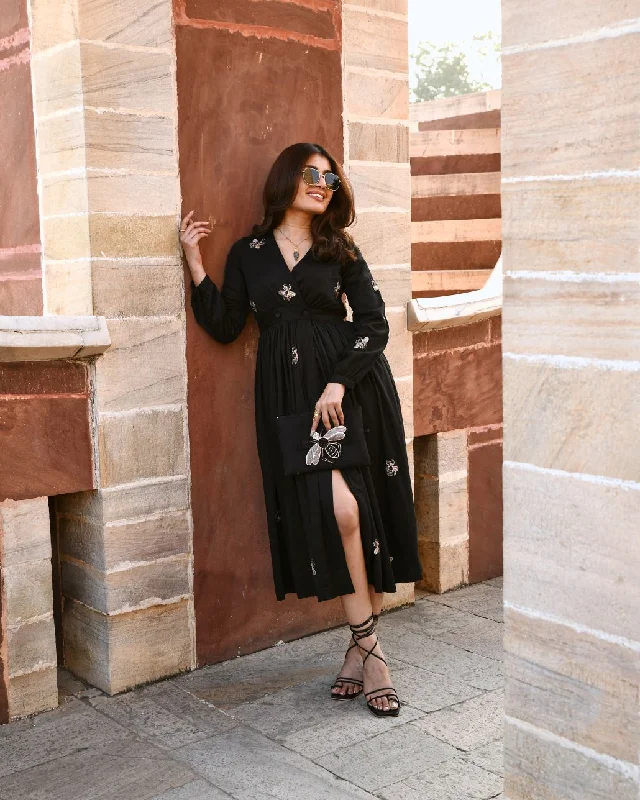 Bonus Savings Sara Bug Black Embroidered Maxi Dress