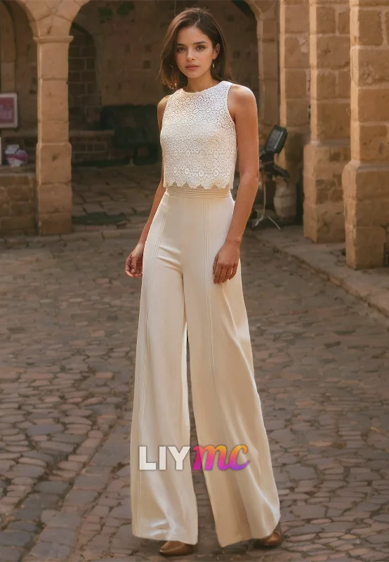 LW493 - Sheath Strapless Jumpsuit Draped Lace Blouson Floor Length Boho Wedding Dress