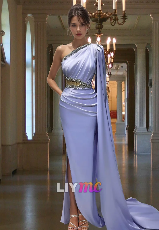 Steals and Deals One Shoulder Sleeveless Pleated Side Slit Beaded Sheath Formal Dress Steals and Deals One Shoulder Sleeveless Pleated Side Slit Beaded Sheath Formal Dress