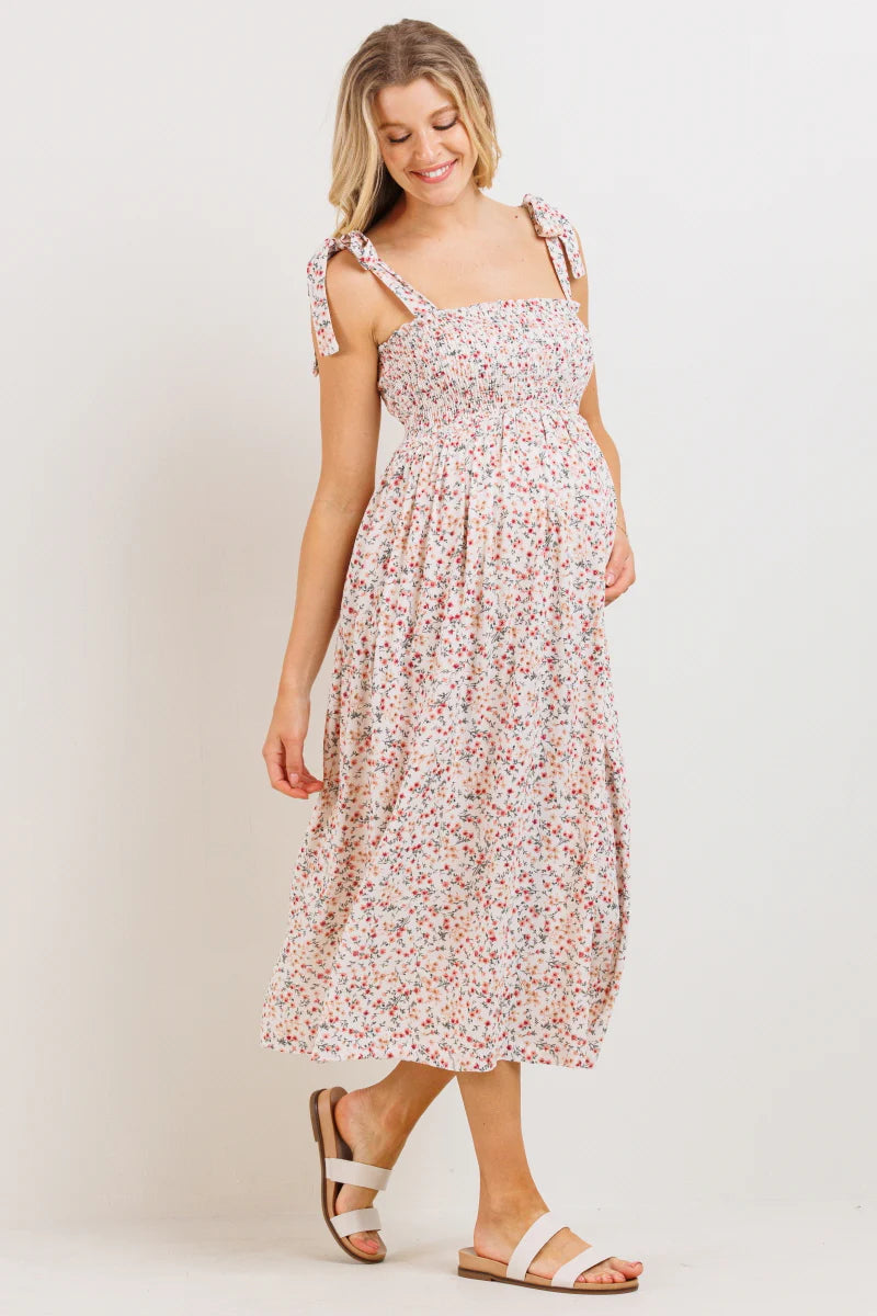 Price Rollback Shoulder Tie Floral Midi Dress