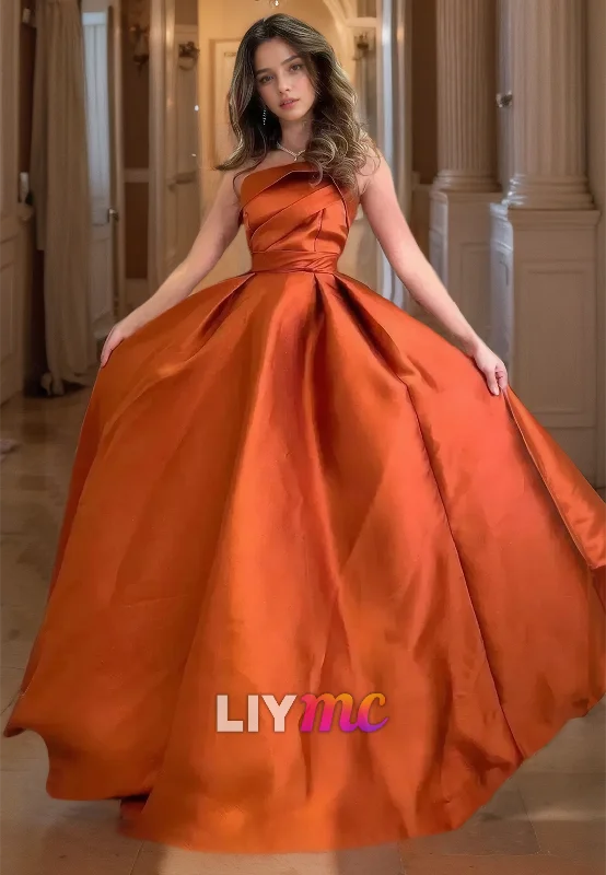 Stock Clearance LP1817 - Straight Across Strapless Sleek Satin Pleated A-Line Prom Dress Stock Clearance LP1817 - Straight Across Strapless Sleek Satin Pleated A-Line Prom Dress