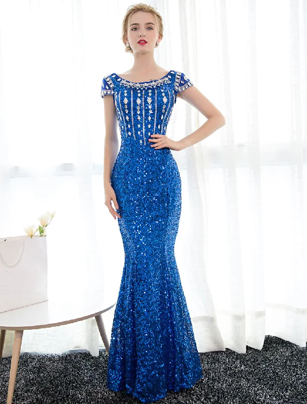 Can't Be Beat Amazing Sequin Evening Dresses Royal Blue Mermaid Formal Dress Rhinestones Beaded Cap Sleeve Floor Length Evening Gown wedding guest dress