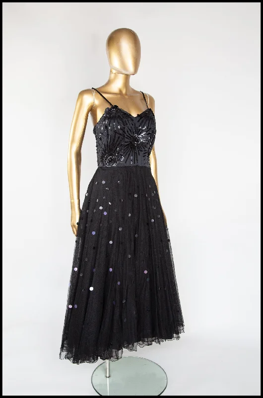 Vintage 1950s Black Sequin Tulle Dress