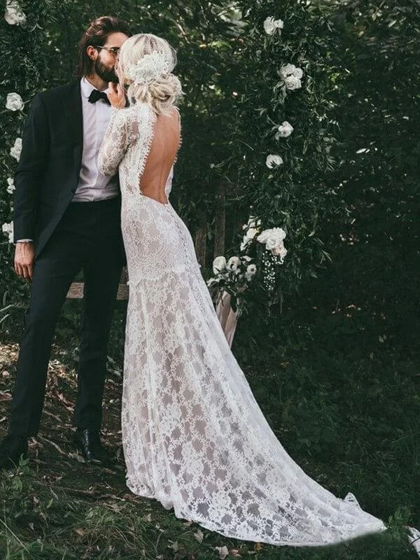 Price Cut See Through Long Sleeve Rustic Lace Wedding Dresses Vintage Sheath Wedding Dress NAY012