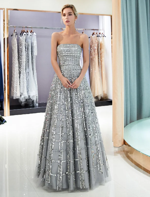 Members Only Modern Evening Dresses Long Strapless Sequin Light Grey Floor Length Luxury Women Pageant Dress Members Only Modern Evening Dresses Long Strapless Sequin Light Grey Floor Length Luxury Women Pageant Dress