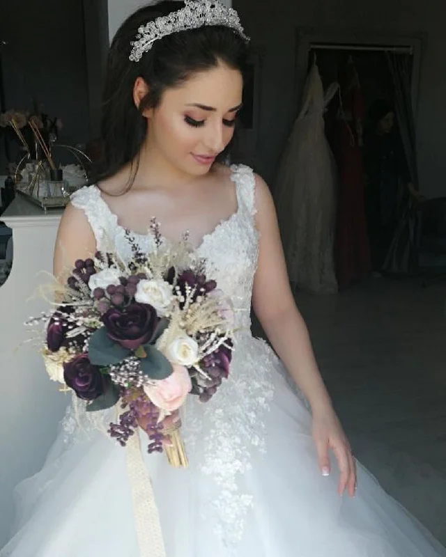 Crazy Deals Ball Gown Lace Appliques Modest Tulle Princess Wedding Dress,JKZ6117