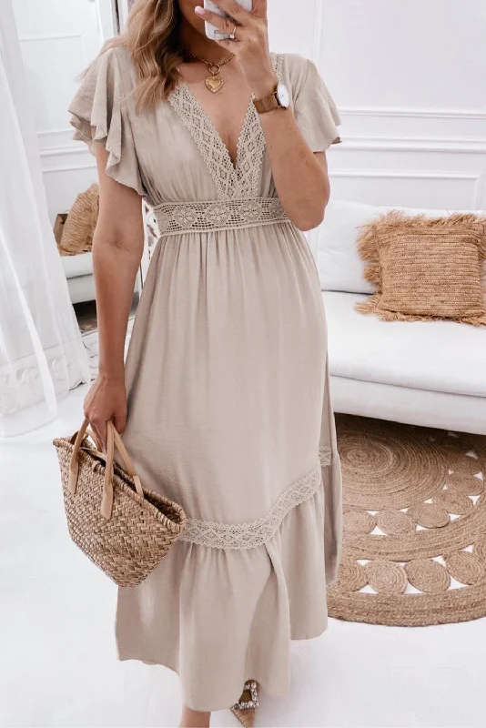 Amazing Deals Oatmeal Lace V Neck Ruffled Sleeve Empire Waist Dress