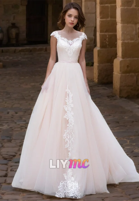 Super Bargain Scoop Cap Sleeves Lace Appliques Tulle A-Line Wedding Dress