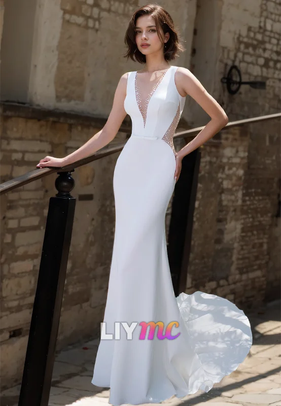 Final Markdown V-Neck Sleeveless Sleek Satin Mermaid Beach Wedding Dress