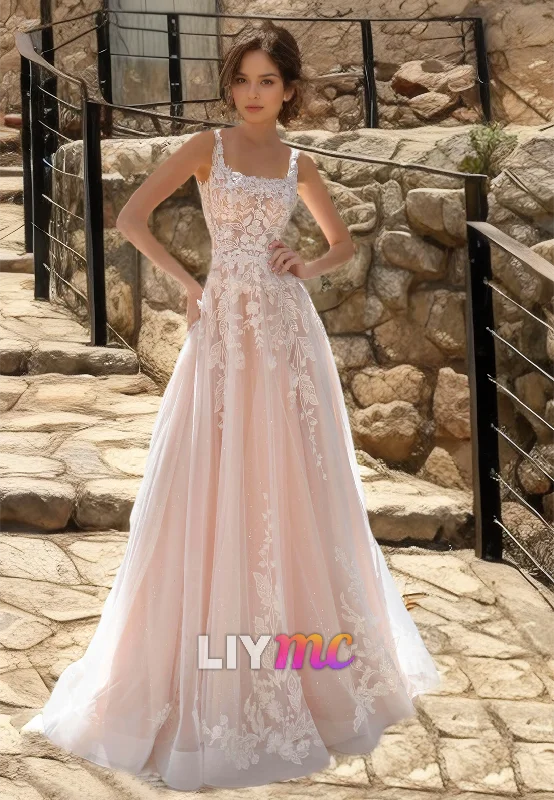 Can't Be Beat Square Straps Appliques Tulle A-Line Wedding Dress