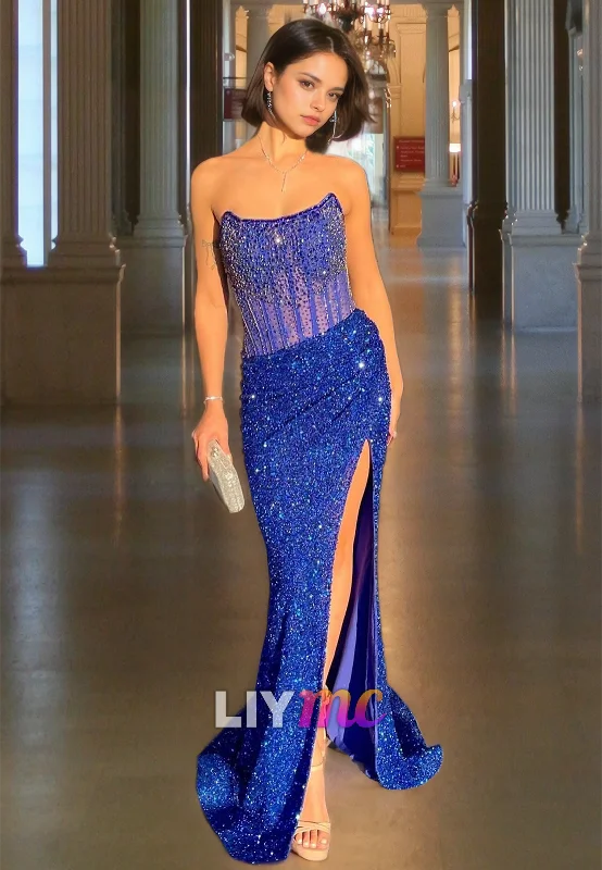 Crazy Savings Strapless Sleeveless Beaded Ruched Sequins Sparkly Prom Dress