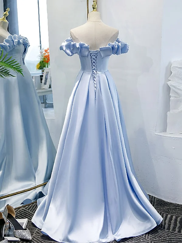 Flash Sale Blue A Line Off Shoulder Long Prom Dress, Blue Evening Dress