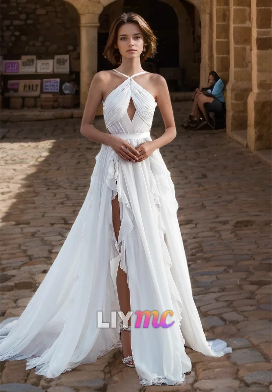 The Best Prices Halter Sleeveless Illusion Chiffon A-Line Beach Wedding Dress