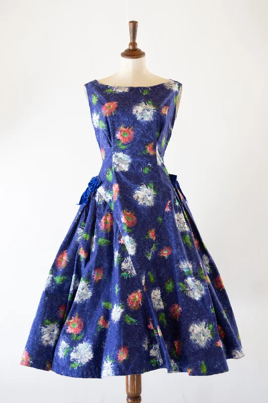 Vintage 1950s Blue Floral Cotton Dress