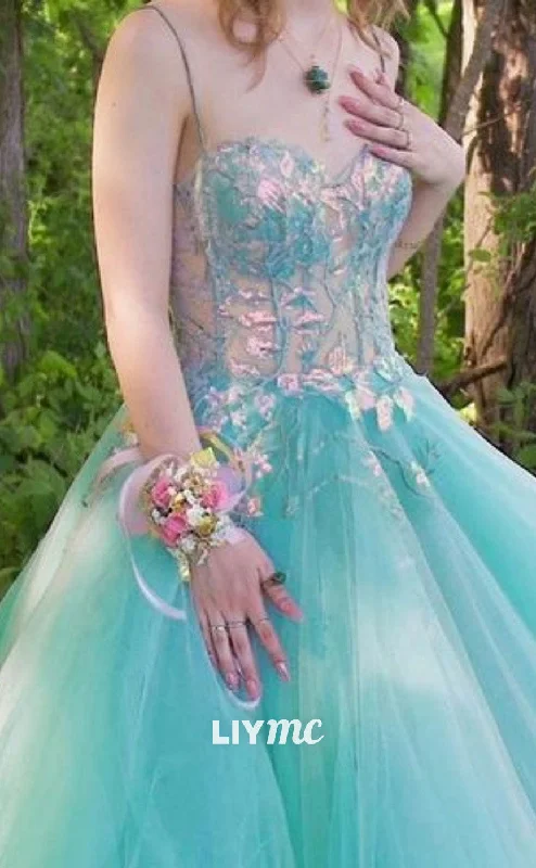 Value Deals LP1897 - Sweetheart Spaghetti Straps Appliques Tulle Lace Long Prom Dress, Green Formal Dress