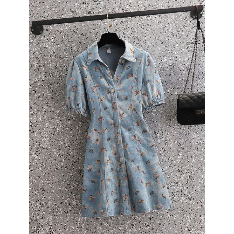 Final Sale Plus Size Korean Floral Denim Dress