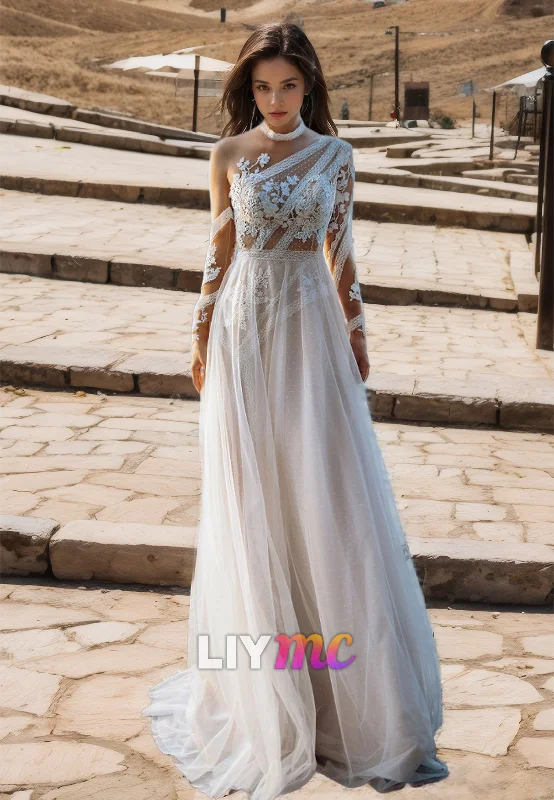 Discount Days One Shoulder Long Sleeves Lace Appliques Tulle A-Line Wedding Dress