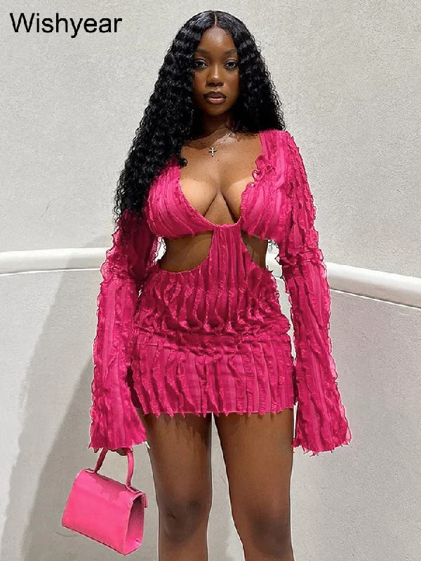 Flash Sale Sexy V Neck Long Sleeve Ruffle dress skirt