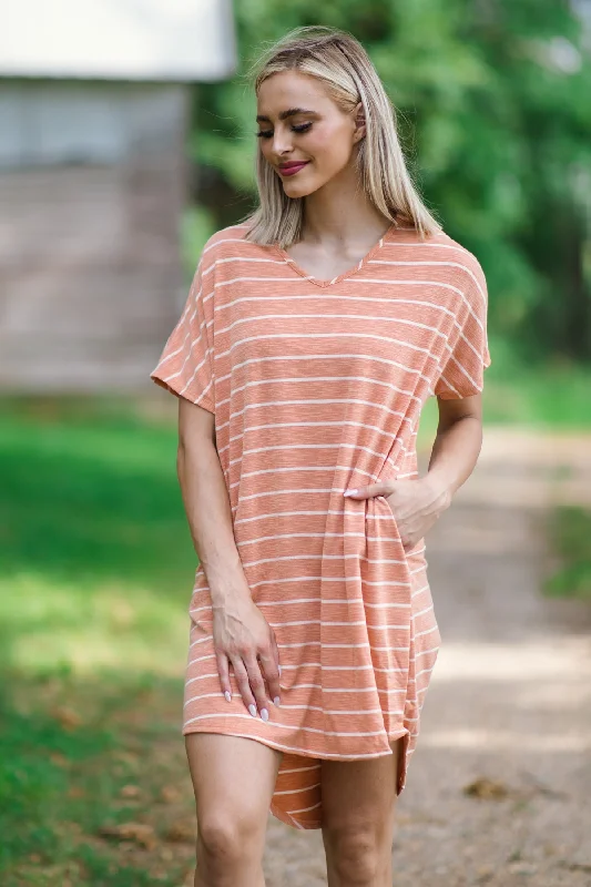 Orange and White Stripe Short Sleeve Dress