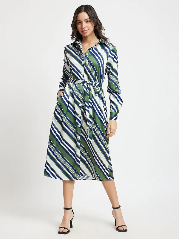 Exclusive Preview Satin Stripes Button Down Dress - Olive And Navy
