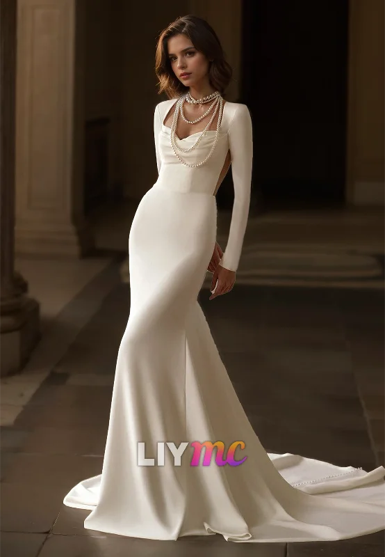 Online Only Sweetheart Long Sleeves Sleek Satin Mermaid Wedding Dress
