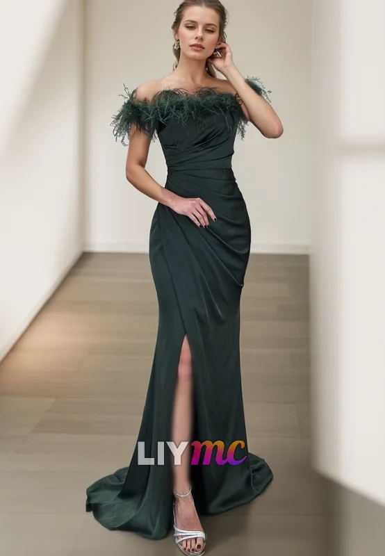 Bargain Blast LP2266 - Off-Shoulder Strapless Pleated Feathered Side Slit Sheath Prom Dress