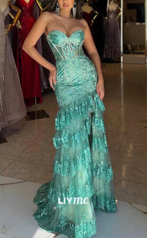 Lowest Price LP2184 - Sweetheart Sleeveless Appliques A-Line Side Slit Prom Dress