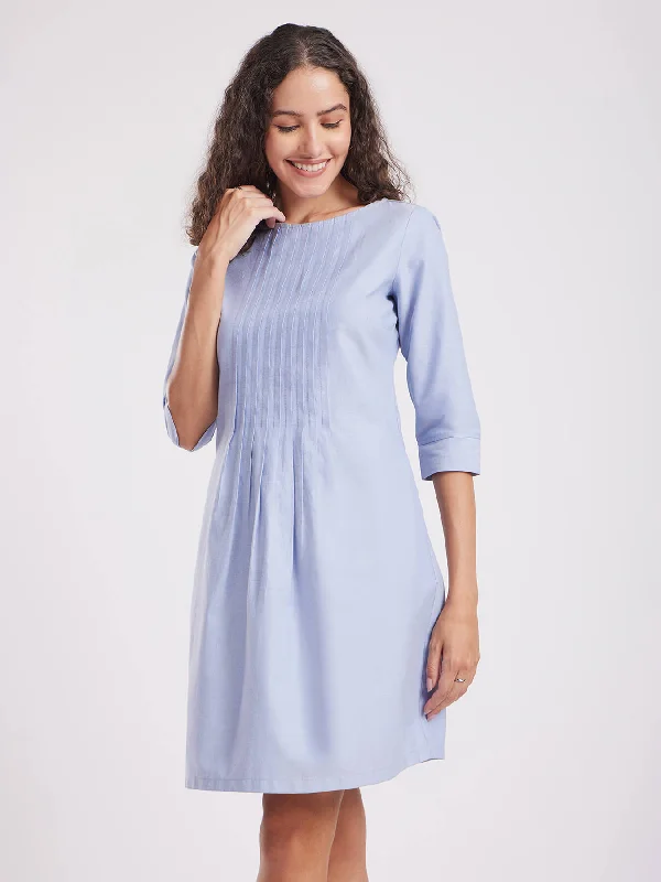 Exclusive Online Offer Textured Cotton Pintuck A-line Dress - Light Blue