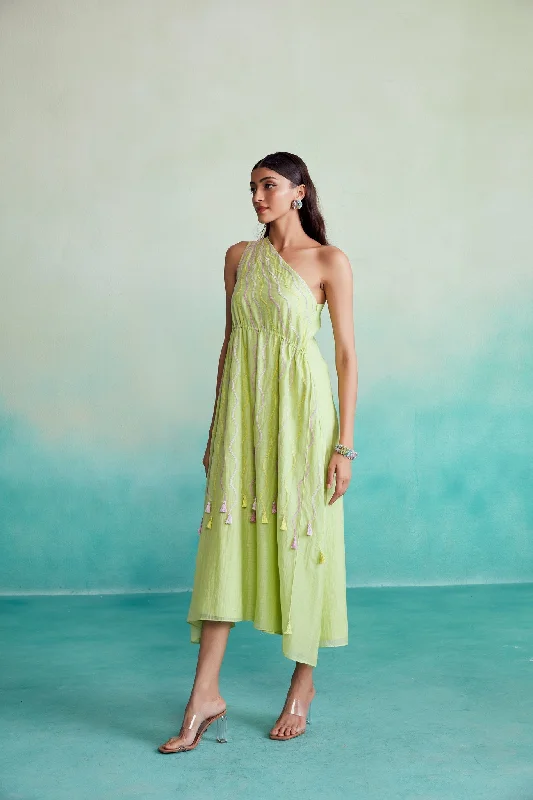 Grand Opening Sale Vividora dress - Lime Hand embroidered one shoulder Dress