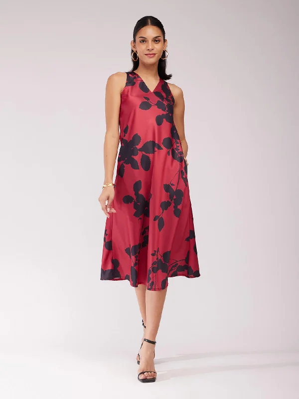 Reduced Prices Satin Floral Dress - Maroon