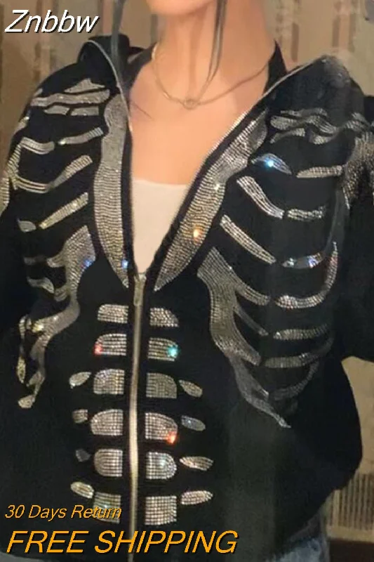 Clearance Sale Znbbw Zip Hoodie 2023 Rhinestone Skeleton Sweatshirt Woman Sport Coat Gothic Long Sleeve Oversized Hoodie Y2k Punk Grunge Jacket