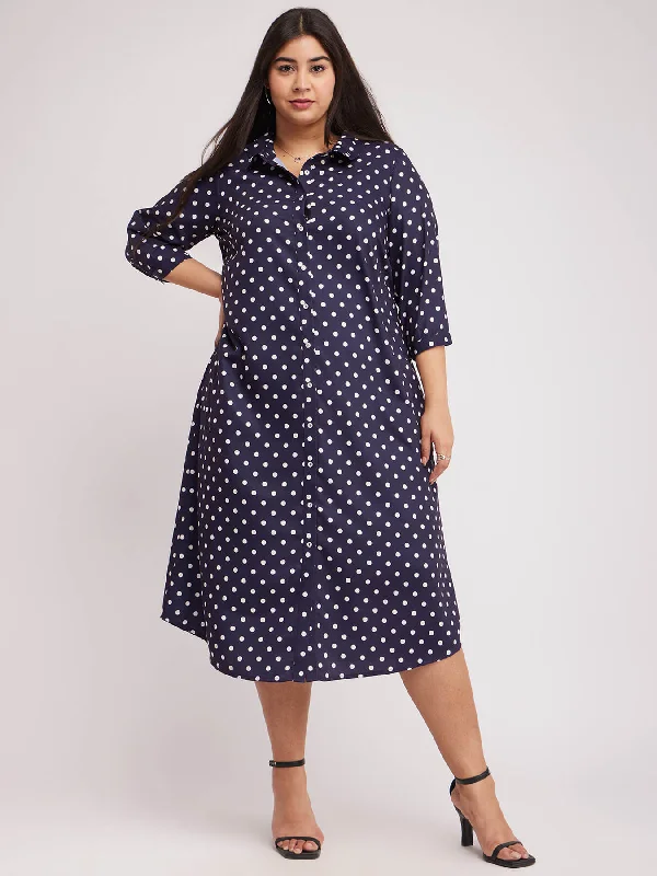 Final Markdown Polka Print Shirt Dress - Navy Blue And White