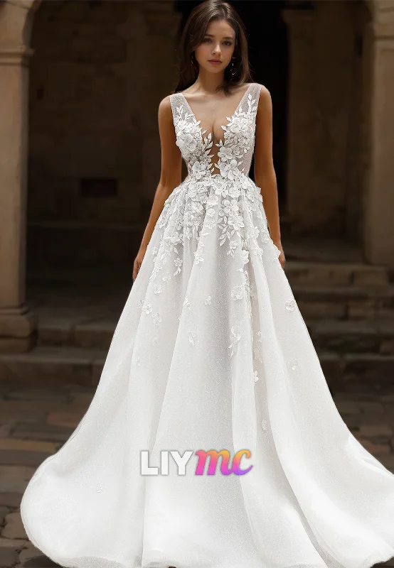 Exclusive Deal V-Neck Sleeveless Floral Floral Embellished A-Line Wedding Dress