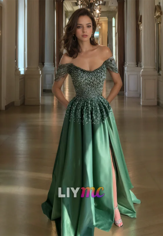 Off-Shoulder Strapless Beaded Pleated Sparkly A-Line Prom Dress